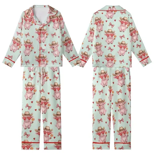 Women's Whimsical Dusty Rose Watercolor Highland Cows with Cowboy Hats & Red Heart Sunglasses, Mint Green Gingham Plaid Kid Satin Pajamas Set