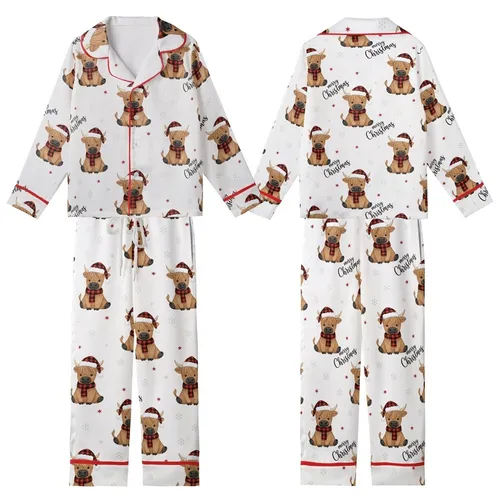 Women's Rustic Festive Highland Cow Buffalo Plaid Santa Hat & Snowflake Kid Satin Pajamas Set