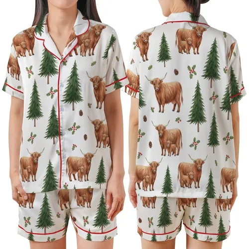 Highland Cow Lover's: Whimsical Watercolor Pine Forest Pattern with Red Holly Berries Satin Short-Sleeve Pajamas Set