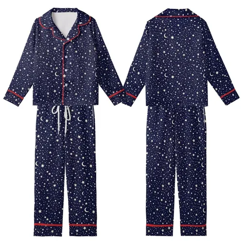 Stargazer's: Scattered White Celestial Pattern Deep Midnight Blue Wearable Kid Satin Pajamas Set