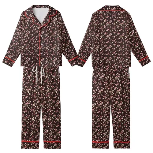 Nature-Inspired Rose Pink Fawn Berry Scatter on Deep Chocolate Brown Custom Print Kid Satin Pajamas Set