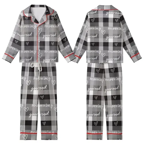 Cozy Rustic Plaid: Black White Gray Good Morning Heart Script Lumberjack Style Kid Satin Pajamas Set
