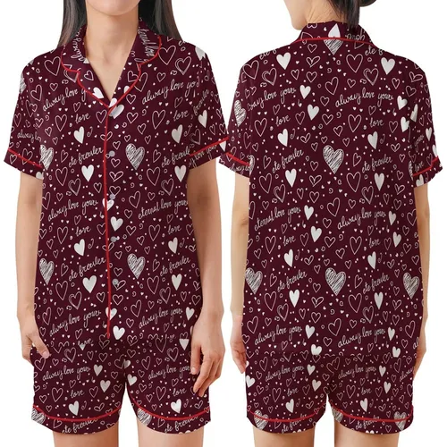 Romantic Hearts: Deep Maroon White Hand-Sketched Hearts & Eternal Love Script Scattered Design Satin Short-Sleeve Pajamas Set