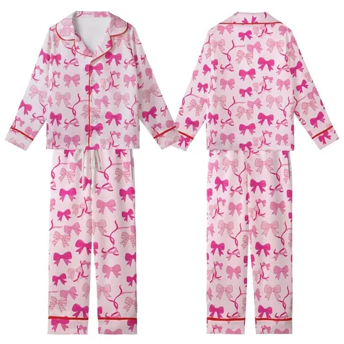 Women's Charming Fuchsia Rose Pink Bows & Ribbons Garment - Pale Pink, Striped & Solid Kid Satin Pajamas Set