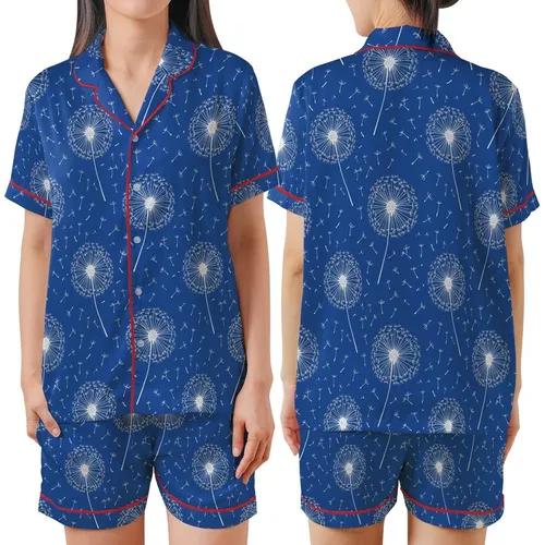 Dandelion Spirit: Flowing White Seeds Delicate Heads Royal Blue Wearable Design Satin Short-Sleeve Pajamas Set
