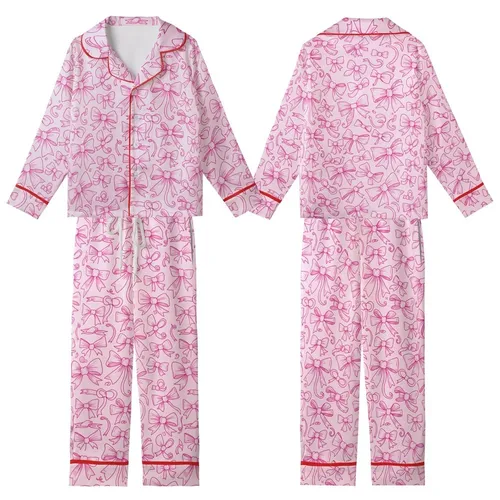 Charming Fashion: Hand-Drawn Fuchsia Bow & Ribbon Pattern - Pastel Pink Wearable Print Kid Satin Pajamas Set