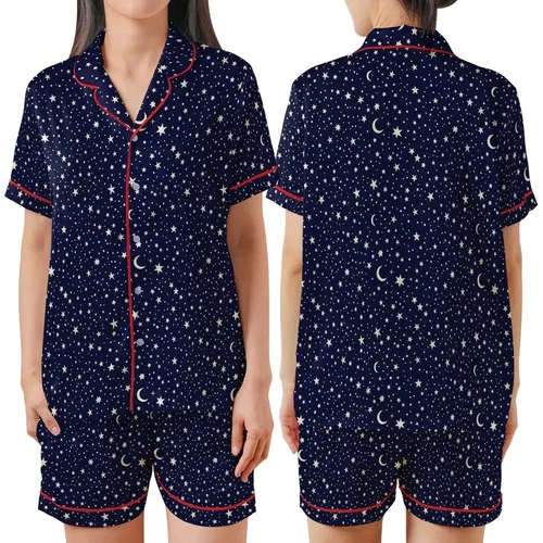 Stargazer's: Scattered White Celestial Pattern Deep Midnight Blue Wearable Satin Short-Sleeve Pajamas Set