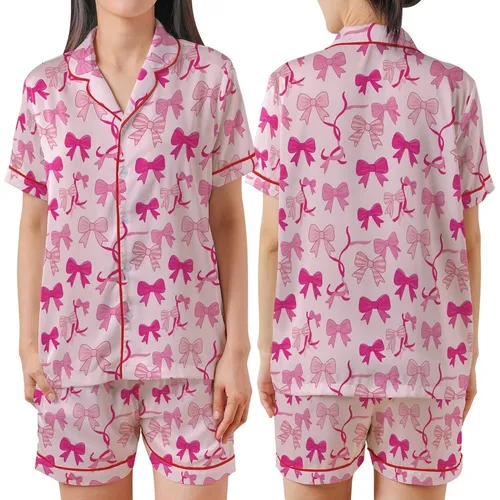 Women's Charming Fuchsia Rose Pink Bows & Ribbons Garment - Pale Pink, Striped & Solid Satin Short-Sleeve Pajamas Set