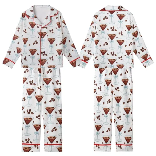 Martini Enthusiast: Elegant Watercolor Reddish-Brown Martini Glass with Dark Coffee Beans & Light Blue Ribbon Pattern Kid Satin Pajamas Set