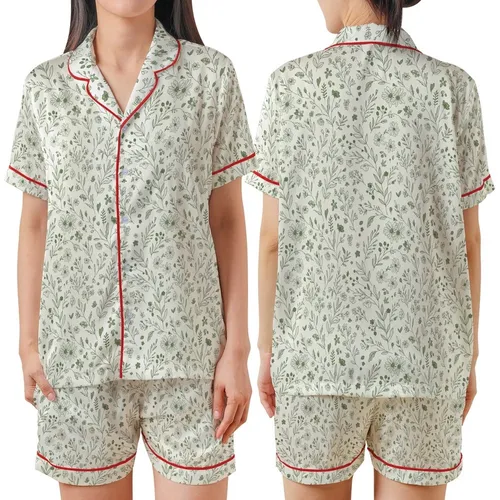 Nature Lover's Flowing Botanical Design – Hand-Drawn Wildflowers & Leafy Branches on Off-White Satin Short-Sleeve Pajamas Set