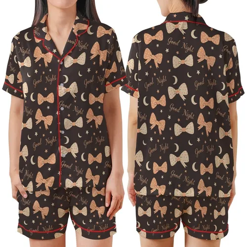 Sweet Dreams Lover's Whimsical Peach Beige Bow, Good Night, Star & Moon Pattern on Charcoal Loungewear Satin Short-Sleeve Pajamas Set