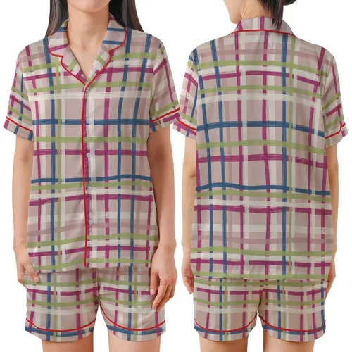 Modern Aesthetic: Deconstructed Rose Beige Plaid Grid with Blue Magenta Olive Accents Artwork Satin Short-Sleeve Pajamas Set
