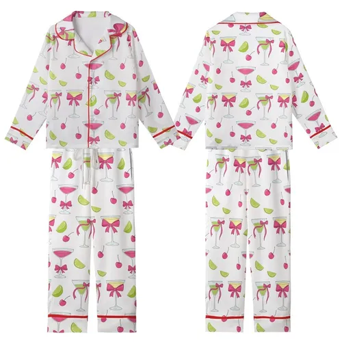 Cocktail Lover's Whimsical Pink Bowed Martini, Margarita & Lime Pattern Kid Satin Pajamas Set
