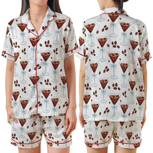 Martini Enthusiast: Elegant Watercolor Reddish-Brown Martini Glass with Dark Coffee Beans & Light Blue Ribbon Pattern Satin Short-Sleeve Pajamas Set