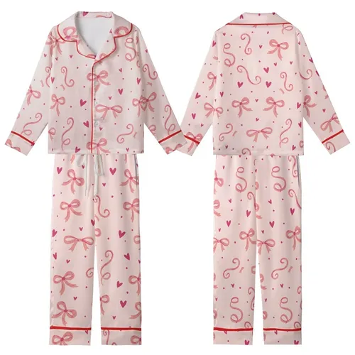 Feminine Whimsical Pastel Pink Ribbons & Bows Design with Fuchsia Hearts Kid Satin Pajamas Set