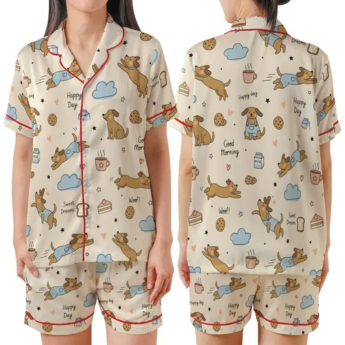 Cozy Canine Whimsy: Playful Cartoon Dogs & Comfort Food Pattern with Cream & Sky Blue Satin Short-Sleeve Pajamas Set