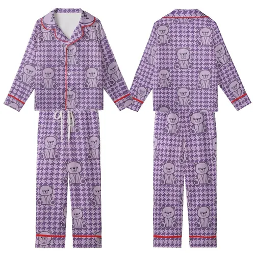 Whimsical Bear Fan: Lavender Geometric Houndstooth Violet Sitting Bear Design Kid Satin Pajamas Set