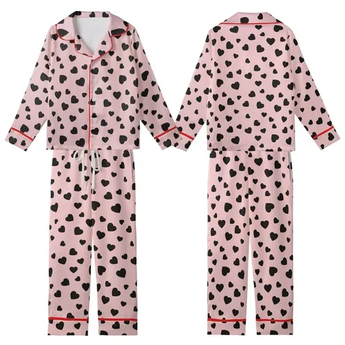 Romantic Heart Lover's Irregular Black Hearts Dusty Rose Pink Personalized Item Kid Satin Pajamas Set