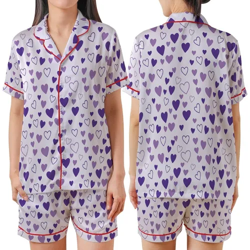 Sweetheart's Playful Lavender Purple Hearts All-Over Wearable Design Satin Short-Sleeve Pajamas Set