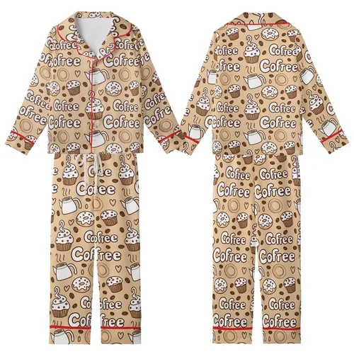 Coffee Lover's Whimsical Cafe & Sweet Treats Pattern Cozy Loungewear Kid Satin Pajamas Set