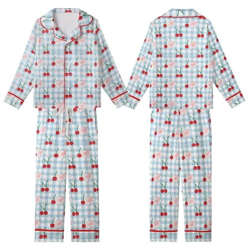 Sweetheart's Light Blue Gingham Red Cherry Pink Blossom Lifestyle Piece Kid Satin Pajamas Set