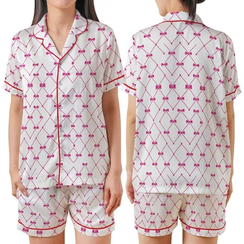 Sweet Elegance Pink Bow Diamond Lattice Magenta Dot Fashion Statement Satin Short-Sleeve Pajamas Set