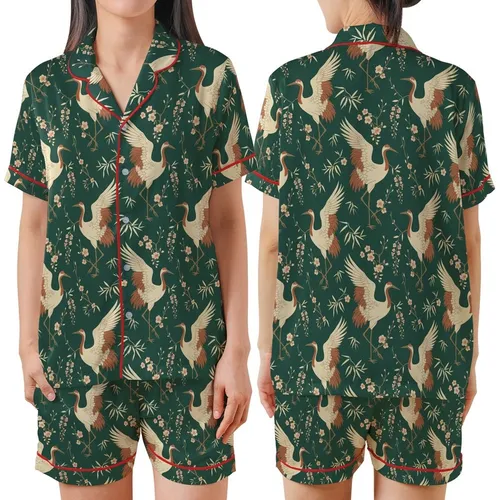 Elegant East Asian Inspired: Cream Ink Wash Cranes Peach Beige Wisteria - Wearable Art Satin Short-Sleeve Pajamas Set