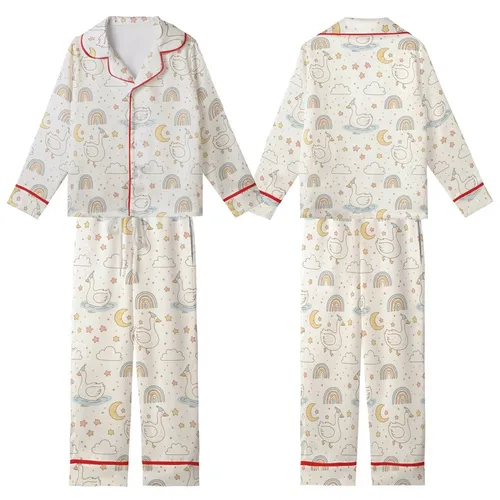 Whimsical Dreamer's Goose & Moon Cloud Play Pattern - Cozy Textile Item Kid Satin Pajamas Set