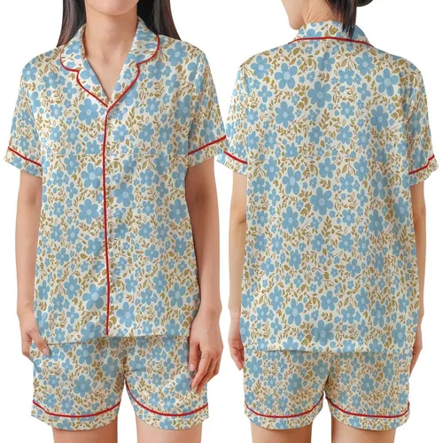 Retro Sky Blue Floral Bloom: 70s Hand-Drawn Olive Leaf & Earthy Stem Garment Satin Short-Sleeve Pajamas Set