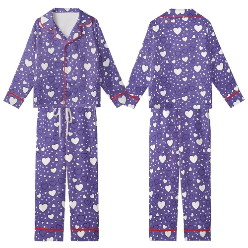 Playful Heart's Medium Purple Scattered White & Outline Hearts, Stars, & Dots Pattern Loungewear Kid Satin Pajamas Set