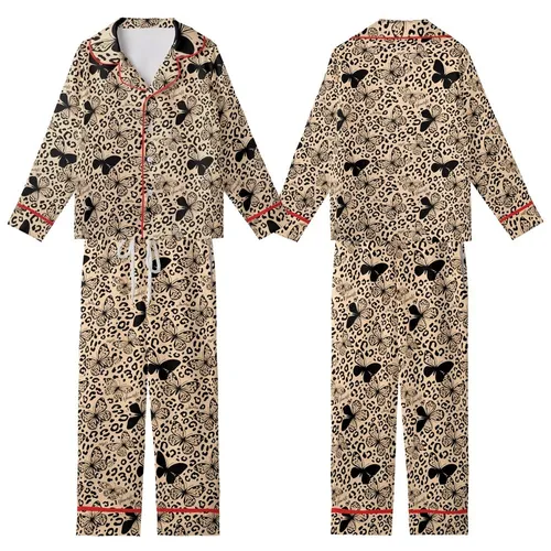 Women's Empowering Leopard Butterfly Design: Peachy Black 'You Are Beautiful' Motif Kid Satin Pajamas Set