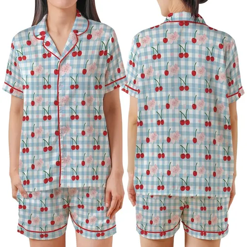 Sweetheart's Light Blue Gingham Red Cherry Pink Blossom Lifestyle Piece Satin Short-Sleeve Pajamas Set