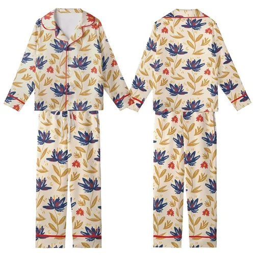Artistic Spirit: Indigo Floral Botanical Art on Creamy Beige Painterly Motif Kid Satin Pajamas Set