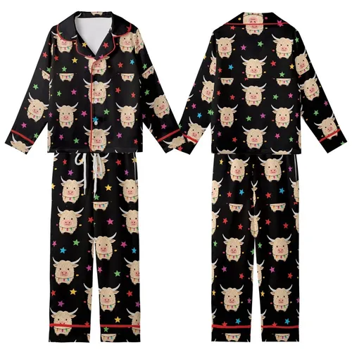 Highland Cow Lover: Whimsical Fluffy Cow Christmas Lights Multi-Color Stars Black Sweater Kid Satin Pajamas Set