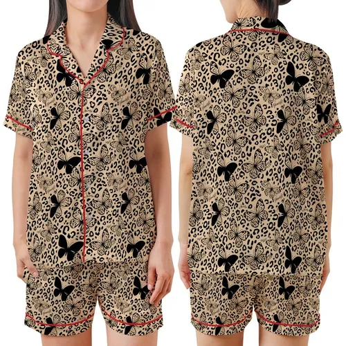 Women's Empowering Leopard Butterfly Design: Peachy Black 'You Are Beautiful' Motif Satin Short-Sleeve Pajamas Set