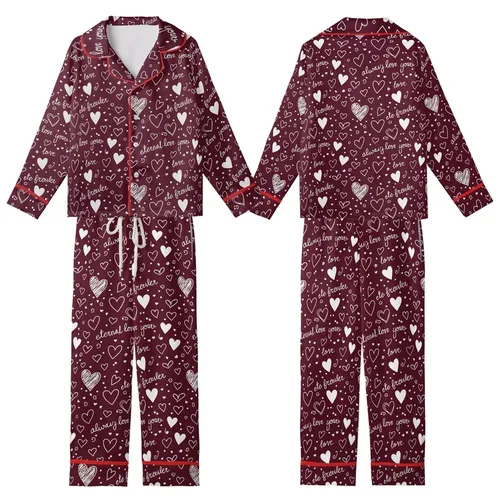 Romantic Hearts: Deep Maroon White Hand-Sketched Hearts & Eternal Love Script Scattered Design Kid Satin Pajamas Set