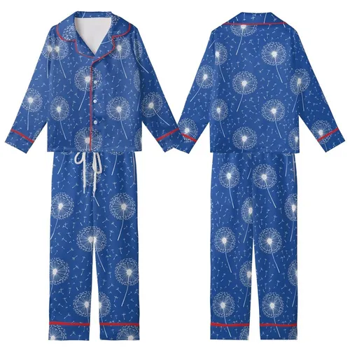 Dandelion Spirit: Flowing White Seeds Delicate Heads Royal Blue Wearable Design Kid Satin Pajamas Set