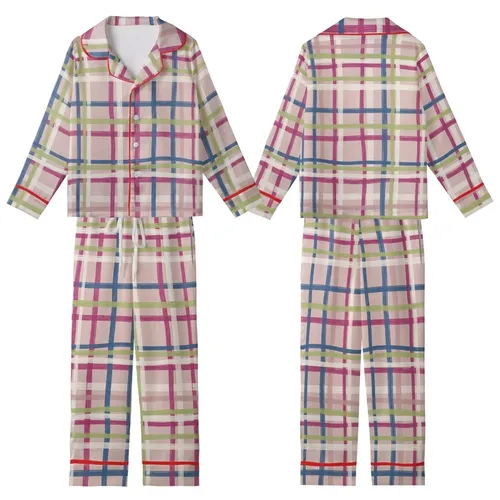 Modern Aesthetic: Deconstructed Rose Beige Plaid Grid with Blue Magenta Olive Accents Artwork Kid Satin Pajamas Set
