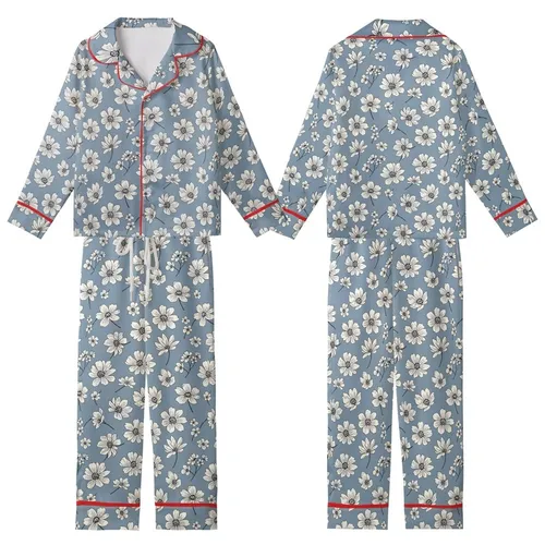 Nature-Inspired Delicate White Floral Pattern on Muted Blue-Grey Wearable Kid Satin Pajamas Set