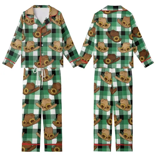 Rustic Western Charm: Cowboy Hats, Yellow Sunflowers - Emerald Green Tartan Plaid Pattern Kid Satin Pajamas Set