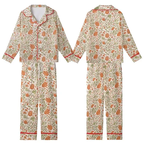 Hand-Drawn Vintage Botanical Foliage Blooms: Rusty Orange Sage Green Tulip Design Kid Satin Pajamas Set
