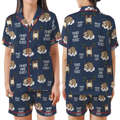 Sloth Lover's Cute Flat Navy Sloth Pattern with 'Work Hard To Rest' Message Loungewear Satin Short-Sleeve Pajamas Set