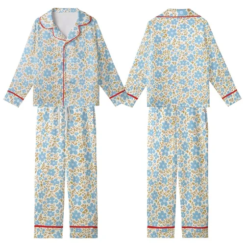 Retro Sky Blue Floral Bloom: 70s Hand-Drawn Olive Leaf & Earthy Stem Garment Kid Satin Pajamas Set