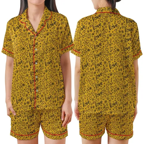 Whimsical Soul's Yellow Hand-Drawn Love Script, Scattered Outline Hearts, Flowers, Stars Piece Satin Short-Sleeve Pajamas Set