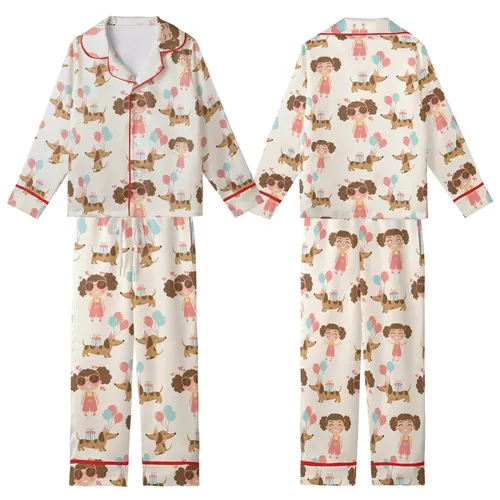 Dachshund Lover's Winking Cartoon Girl & Party Dogs Customizable Item Kid Satin Pajamas Set