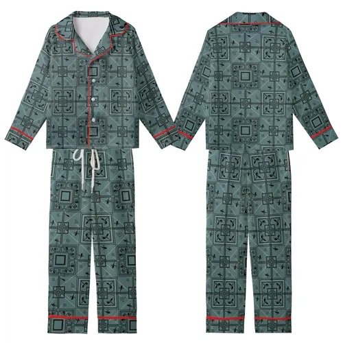 Muted Teal Geometric Fretwork: Abstract Botanical Pattern with Linear Leaves & Diamond Motif Kid Satin Pajamas Set
