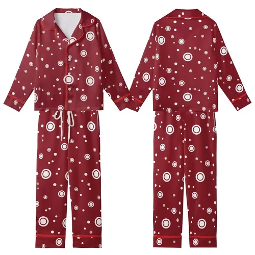 Modern Style: Deep Cranberry Red Organically Scattered Varying-Size White Circles Sweater Kid Satin Pajamas Set