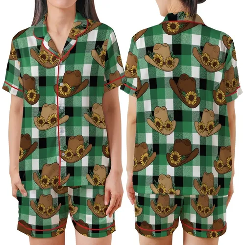 Rustic Western Charm: Cowboy Hats, Yellow Sunflowers - Emerald Green Tartan Plaid Pattern Satin Short-Sleeve Pajamas Set