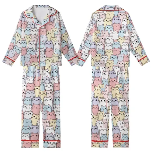 Feline Fanatic's Whimsical Cat Pattern - Dusty Rose Pastel Adornment Kid Satin Pajamas Set