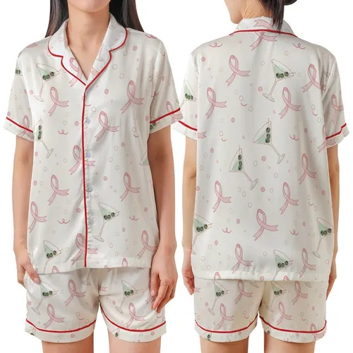 Celebration Ready: Whimsical Pink Ribbon, Mint Martini & Champagne Bubbles Design Satin Short-Sleeve Pajamas Set